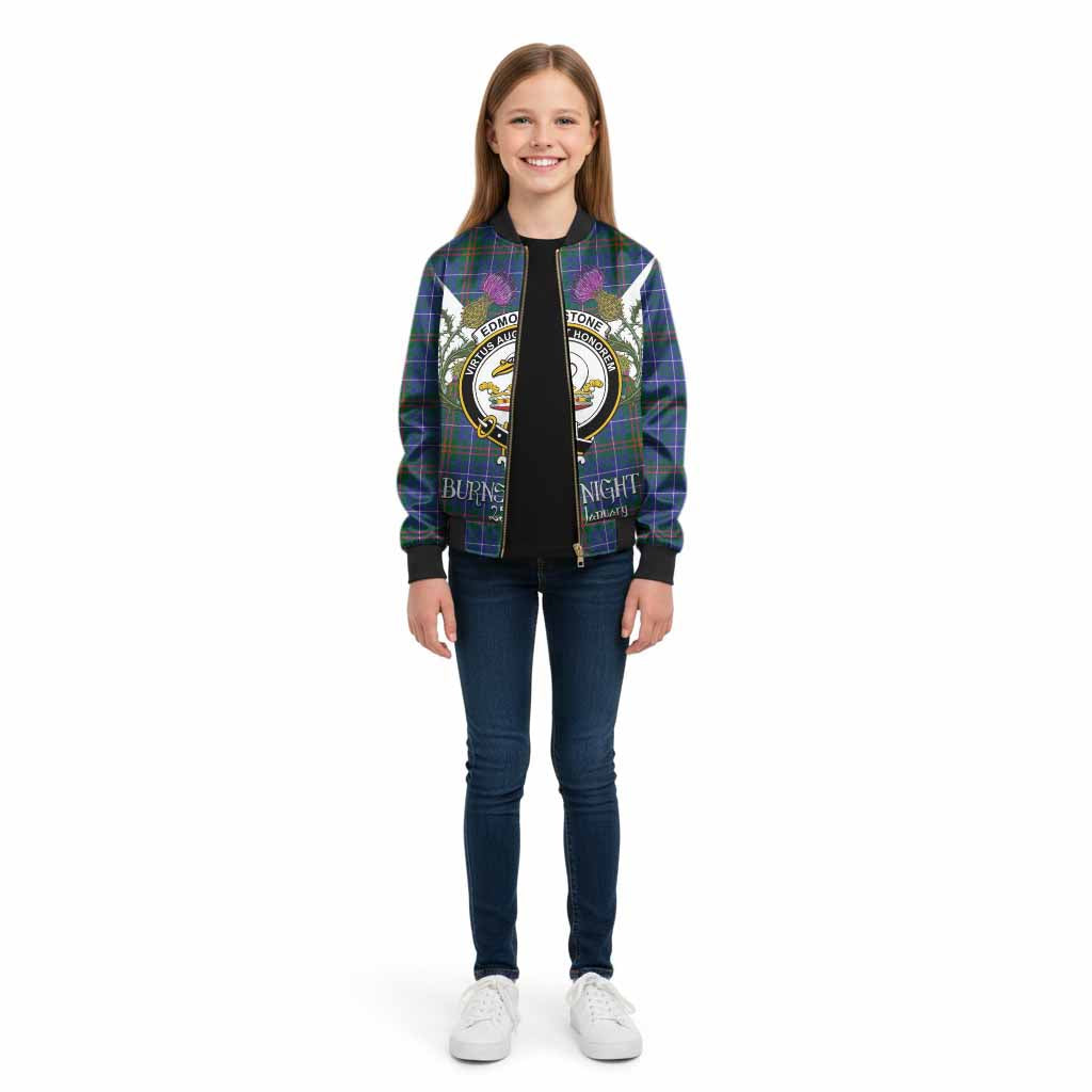 Edmonstone Tartan Family Crest Kid Bomber Jacket Scottish Burns Night Thistle Floral