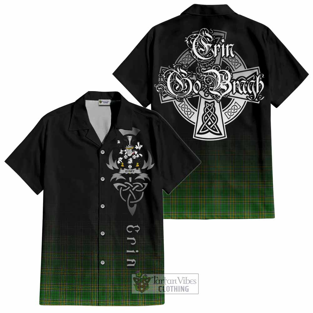 Tartan Vibes Clothing Edney Irish Clan Short Sleeve Button Shirt with Coat of Arms Erin Go Bragh Celtic Inspired