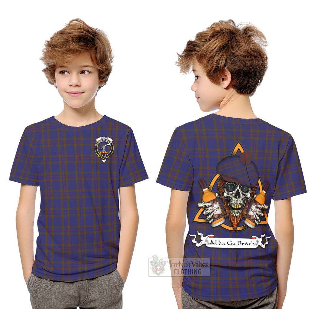 Tartan Vibes Clothing Elliot Tartan Kid T-Shirt with Family Crest and Bearded Skull Holding Bottles of Whiskey