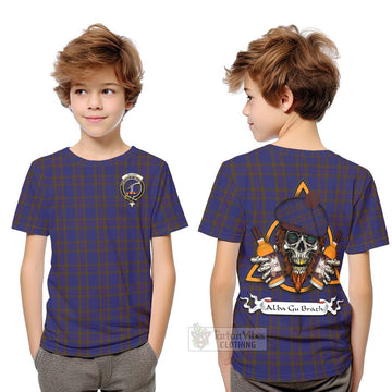 Tartan Vibes Clothing Elliot Tartan Kid T-Shirt with Family Crest and Bearded Skull Holding Bottles of Whiskey