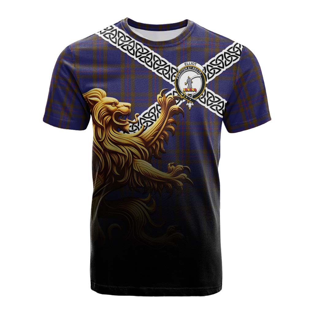 Tartan Vibes Clothing Elliot Crest Tartan Cotton T-shirt with Golden Lion Emblem Celtic Style