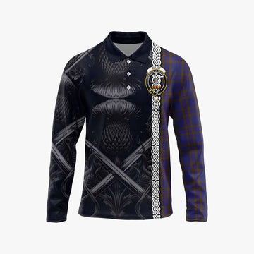 Tartan Vibes Clothing Elliot Tartan Long Sleeve Polo Shirt with Family Crest Cross Sword Thistle Celtic Vibes