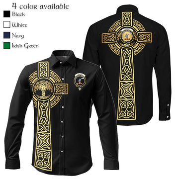 Elliot Clan Mens Long Sleeve Button Up Shirt with Golden Celtic Tree Of Life
