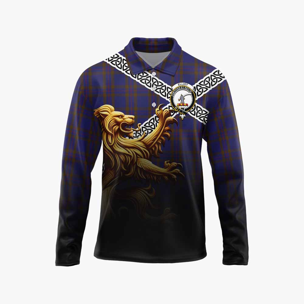 Tartan Vibes Clothing Elliot Crest Tartan Long Sleeve Polo Shirt with Golden Lion Emblem Celtic Style