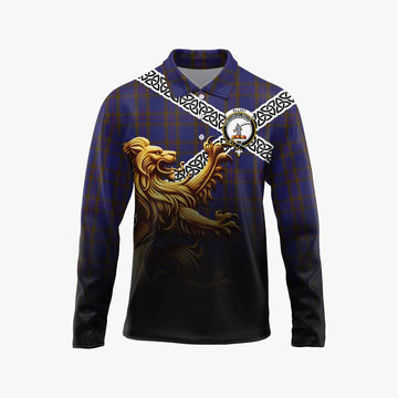 Tartan Vibes Clothing Elliot Crest Tartan Long Sleeve Polo Shirt with Golden Lion Emblem Celtic Style