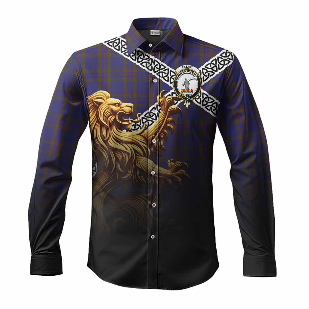 Tartan Vibes Clothing Elliot Crest Tartan Long Sleeve Button Shirt with Golden Lion Emblem Celtic Style