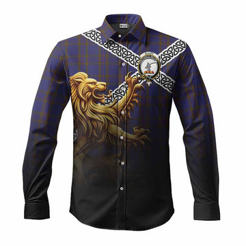 Elliot Crest Tartan Long Sleeve Button Shirt with Golden Lion Emblem Celtic Style