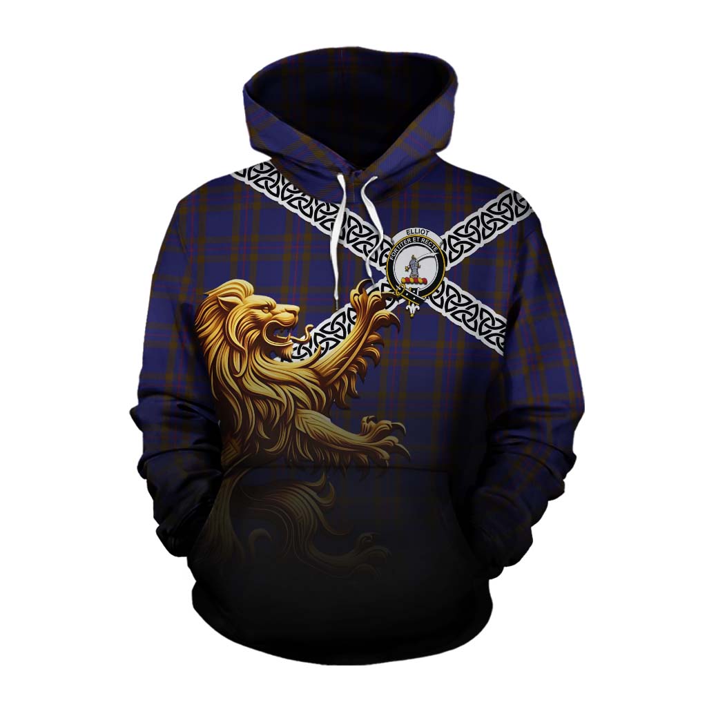 Tartan Vibes Clothing Elliot Crest Tartan Cotton Hoodie with Golden Lion Emblem Celtic Style