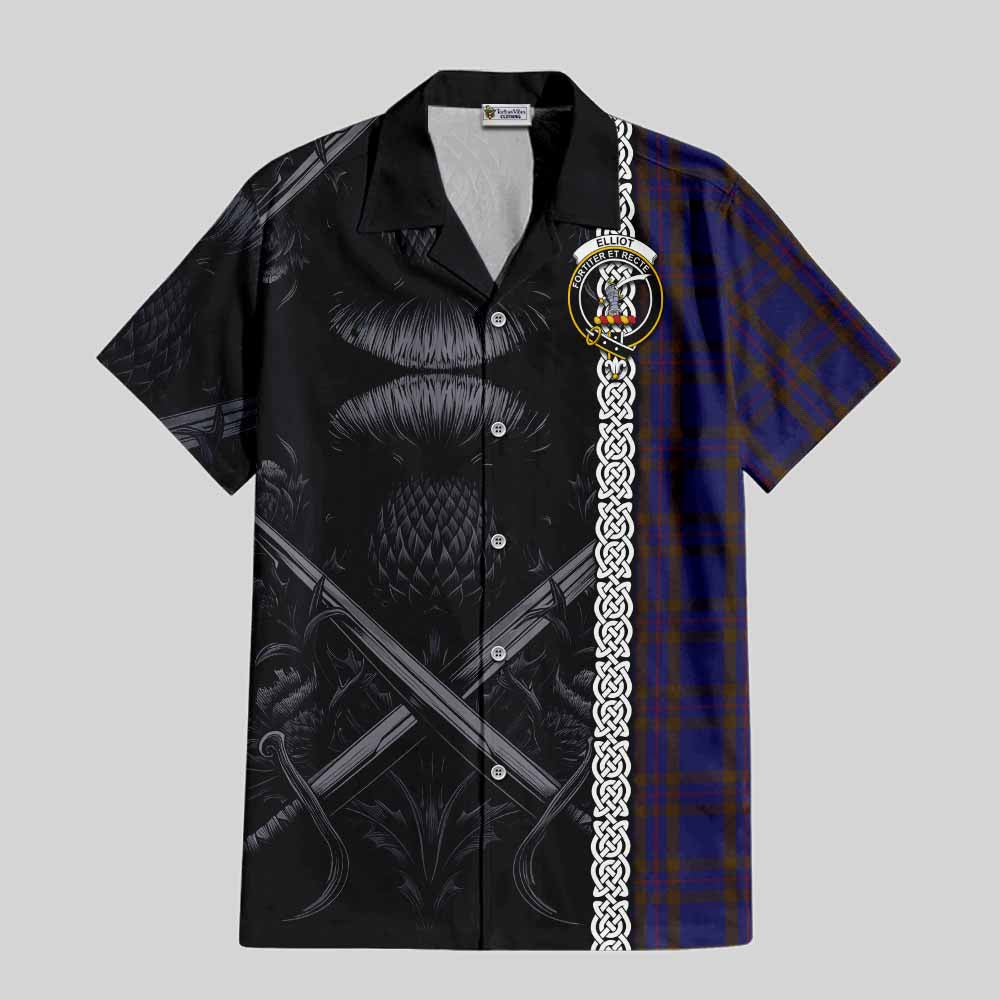 Tartan Vibes Clothing Elliot Tartan Short Sleeve Button Shirt with Family Crest Cross Sword Thistle Celtic Vibes