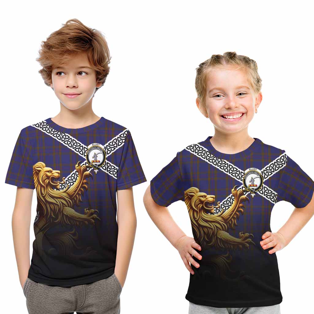 Tartan Vibes Clothing Elliot Crest Tartan Kid T-Shirt with Golden Lion Emblem Celtic Style