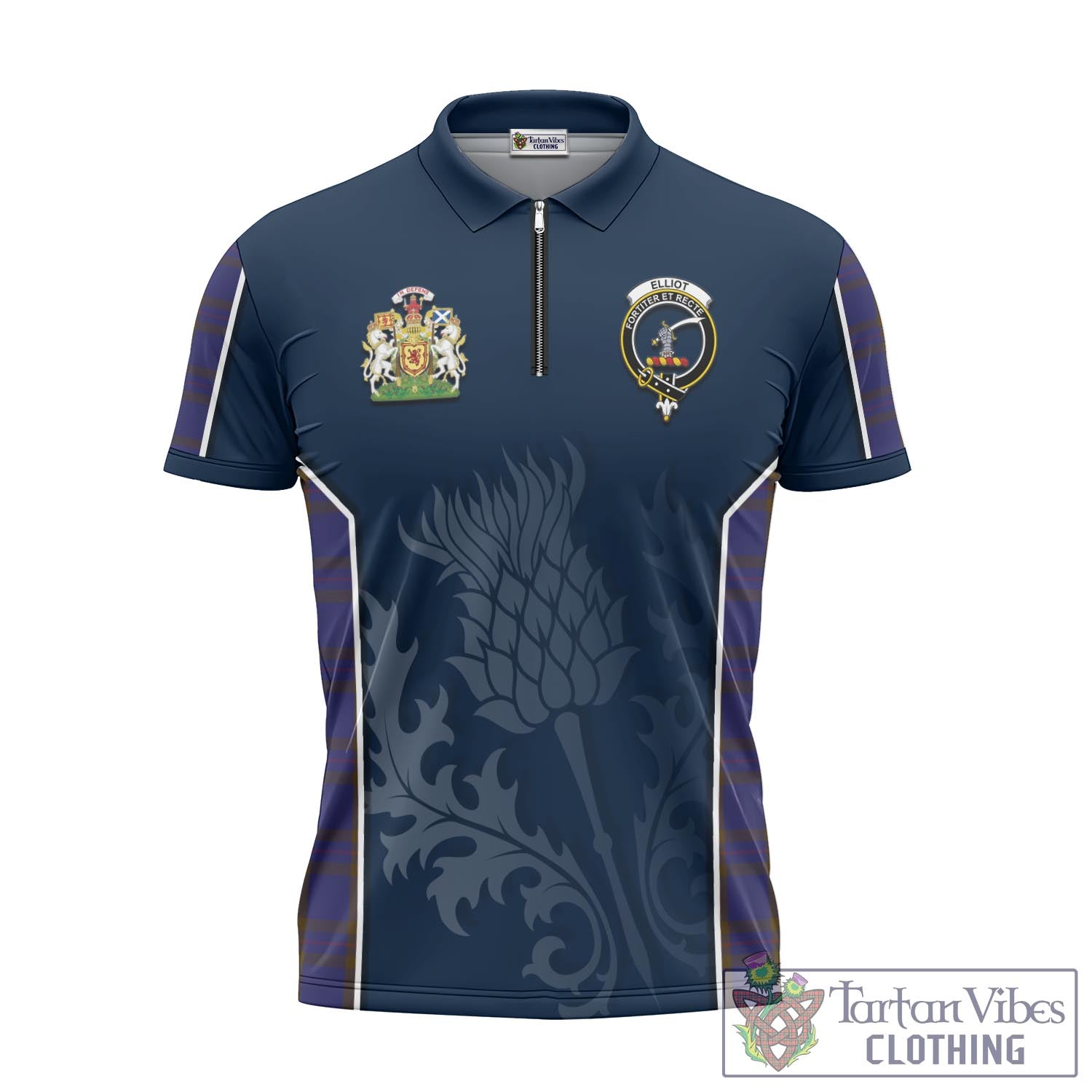 Tartan Vibes Clothing Elliot Tartan Zipper Polo Shirt with Family Crest and Scottish Thistle Vibes Sport Style
