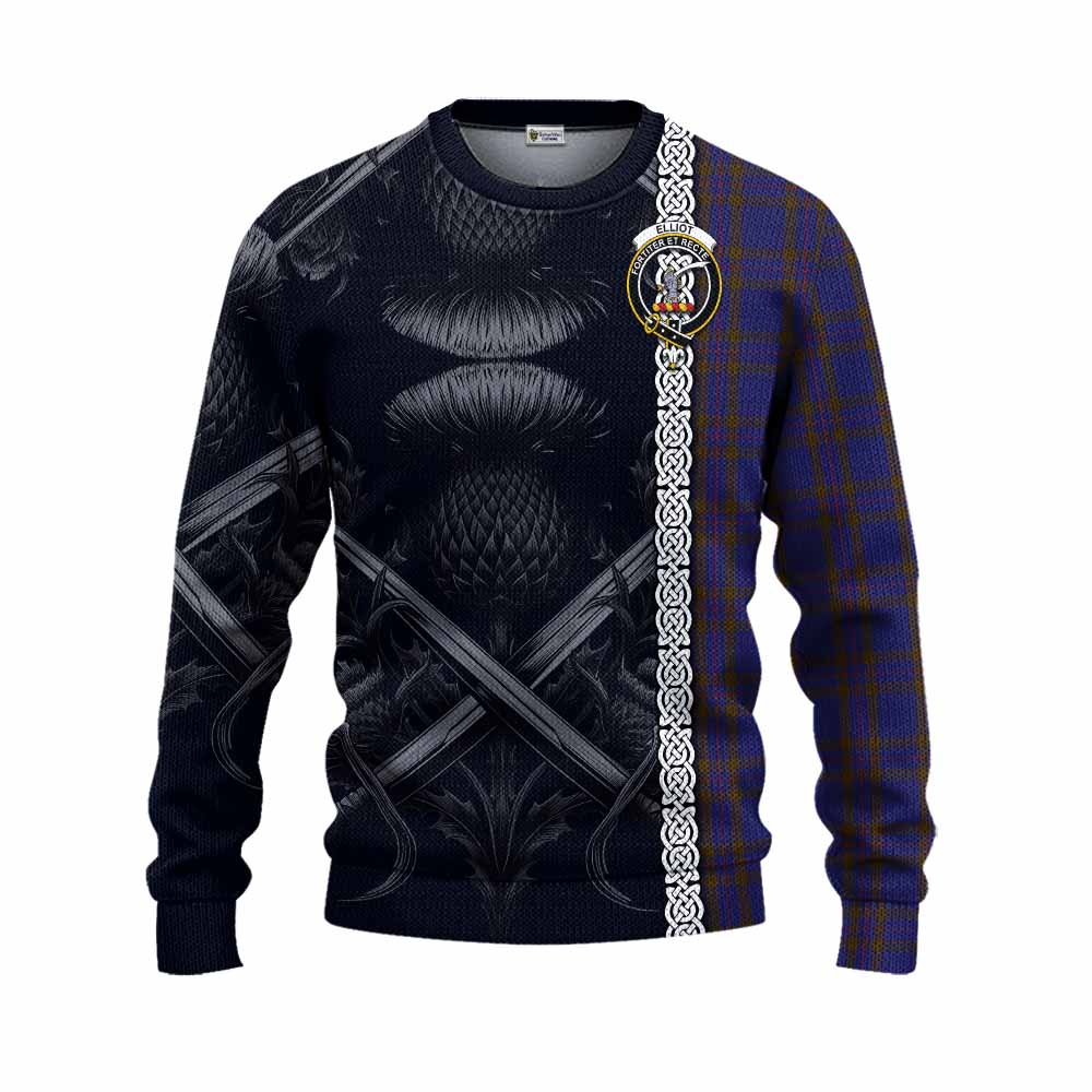 Tartan Vibes Clothing Elliot Tartan Knitted Sweater with Family Crest Cross Sword Thistle Celtic Vibes