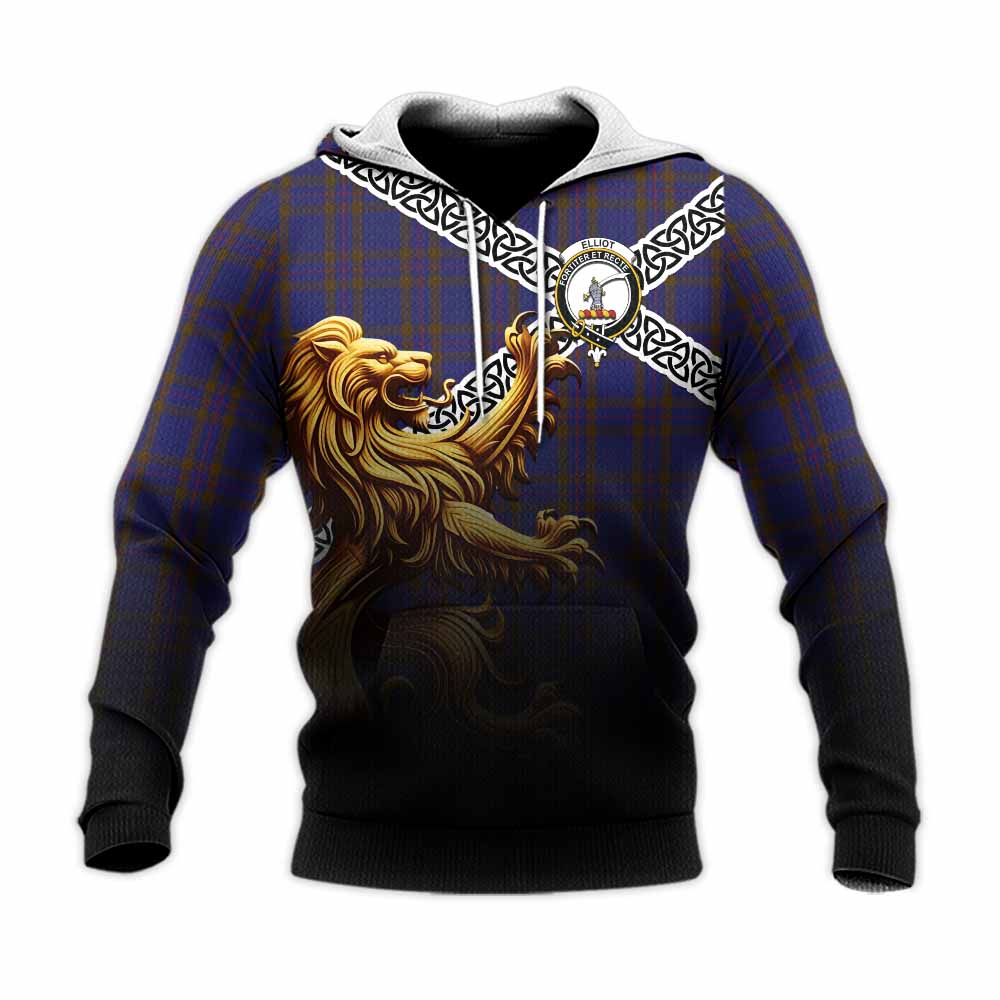 Tartan Vibes Clothing Elliot Crest Tartan Knitted Hoodie with Golden Lion Emblem Celtic Style