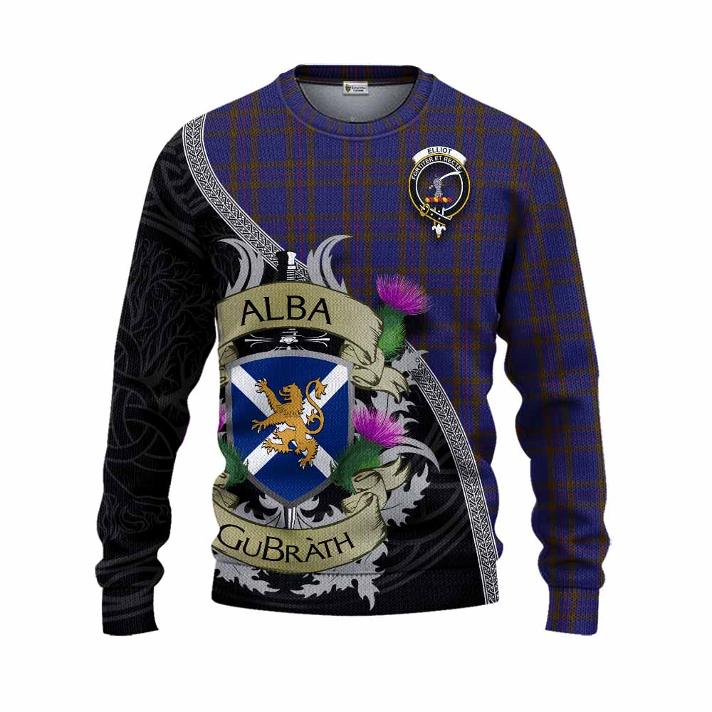 Tartan Vibes Clothing Elliot Tartan Family Crest Knitted Sweater Lion Rampant Royal Thistle Shield Celtic Inspired