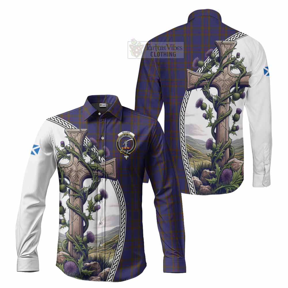 Tartan Vibes Clothing Elliot Tartan Long Sleeve Button Shirt with Family Crest and St. Andrew's Cross Accented by Thistle Vines