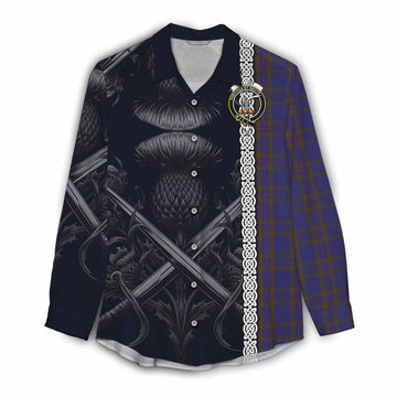 Tartan Vibes Clothing Elliot Tartan Women's Casual Shirt with Family Crest Cross Sword Thistle Celtic Vibes
