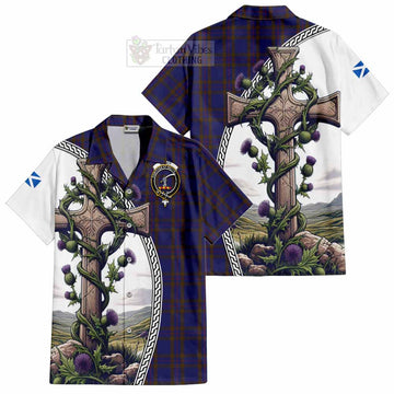 Tartan Vibes Clothing Elliot Tartan Short Sleeve Button Shirt with Family Crest and St. Andrew's Cross Accented by Thistle Vines