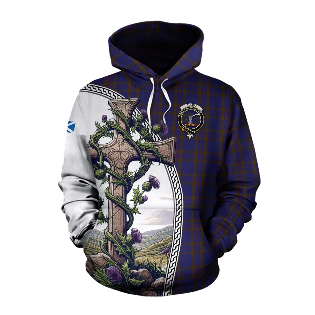 Tartan Vibes Clothing Elliot Tartan Cotton Hoodie with Family Crest and St. Andrew's Cross Accented by Thistle Vines