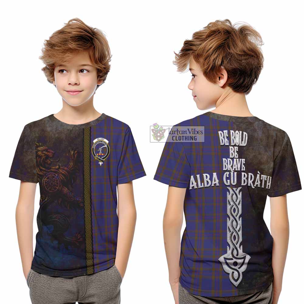 Tartan Vibes Clothing Elliot Tartan Family Crest Kid T-Shirt Alba Gu Brath Be Brave Lion Ancient Style