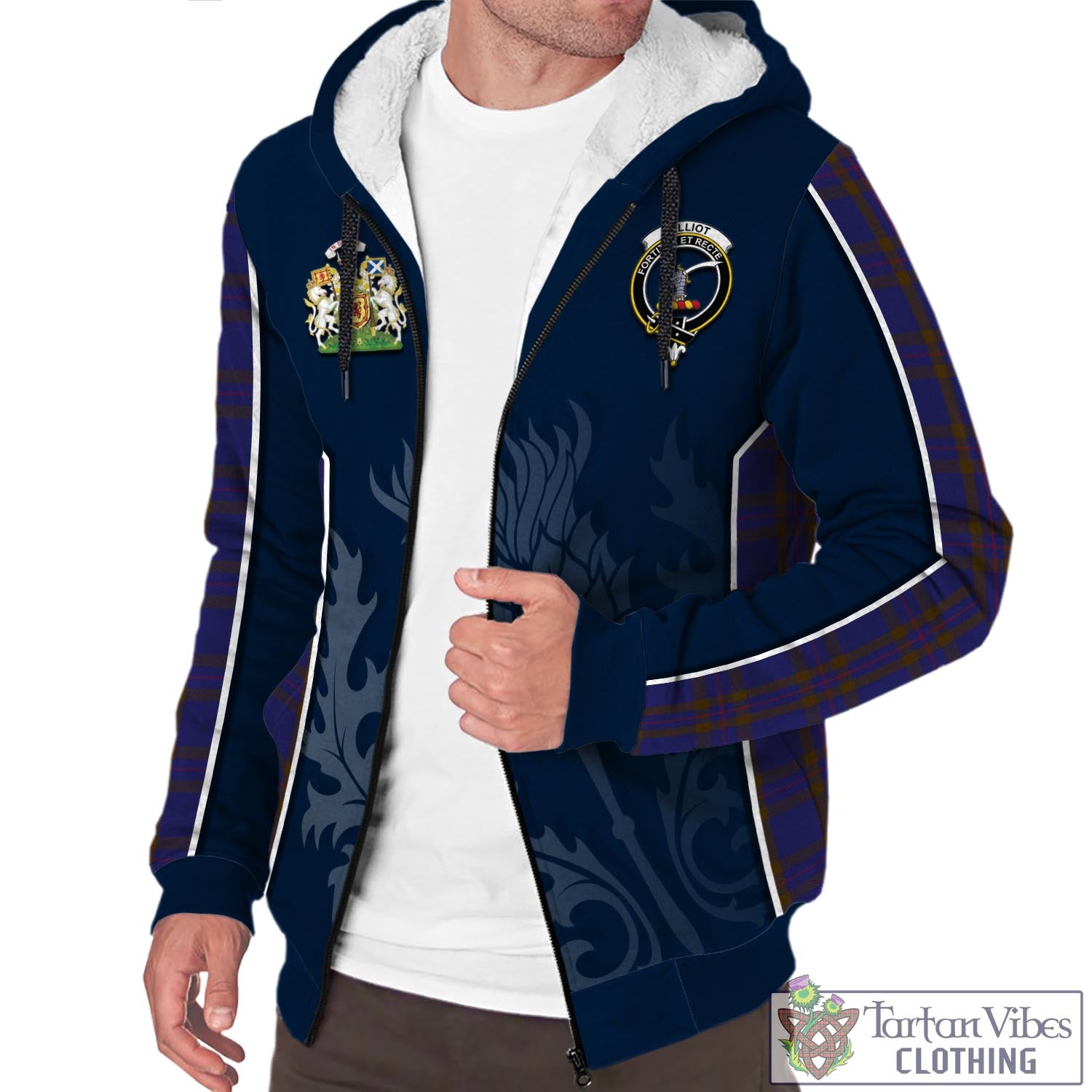 Tartan Vibes Clothing Elliot Tartan Sherpa Hoodie with Family Crest and Scottish Thistle Vibes Sport Style