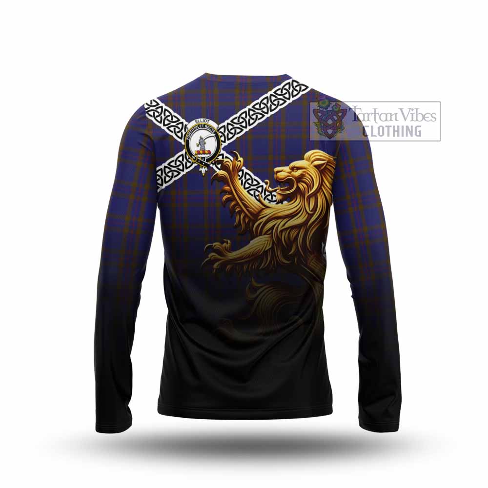 Tartan Vibes Clothing Elliot Crest Tartan Long Sleeve T-Shirt with Golden Lion Emblem Celtic Style