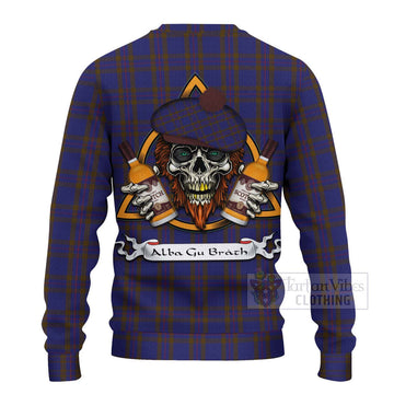 Tartan Vibes Clothing Elliot Tartan Knitted Sweater with Family Crest and Bearded Skull Holding Bottles of Whiskey