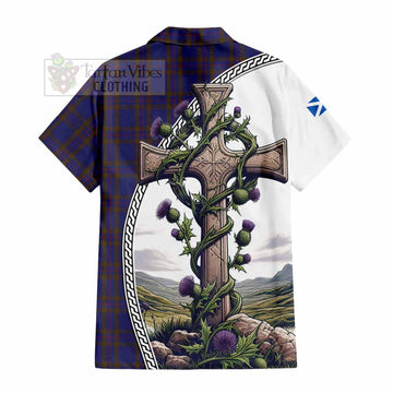 Tartan Vibes Clothing Elliot Tartan Short Sleeve Button Shirt with Family Crest and St. Andrew's Cross Accented by Thistle Vines