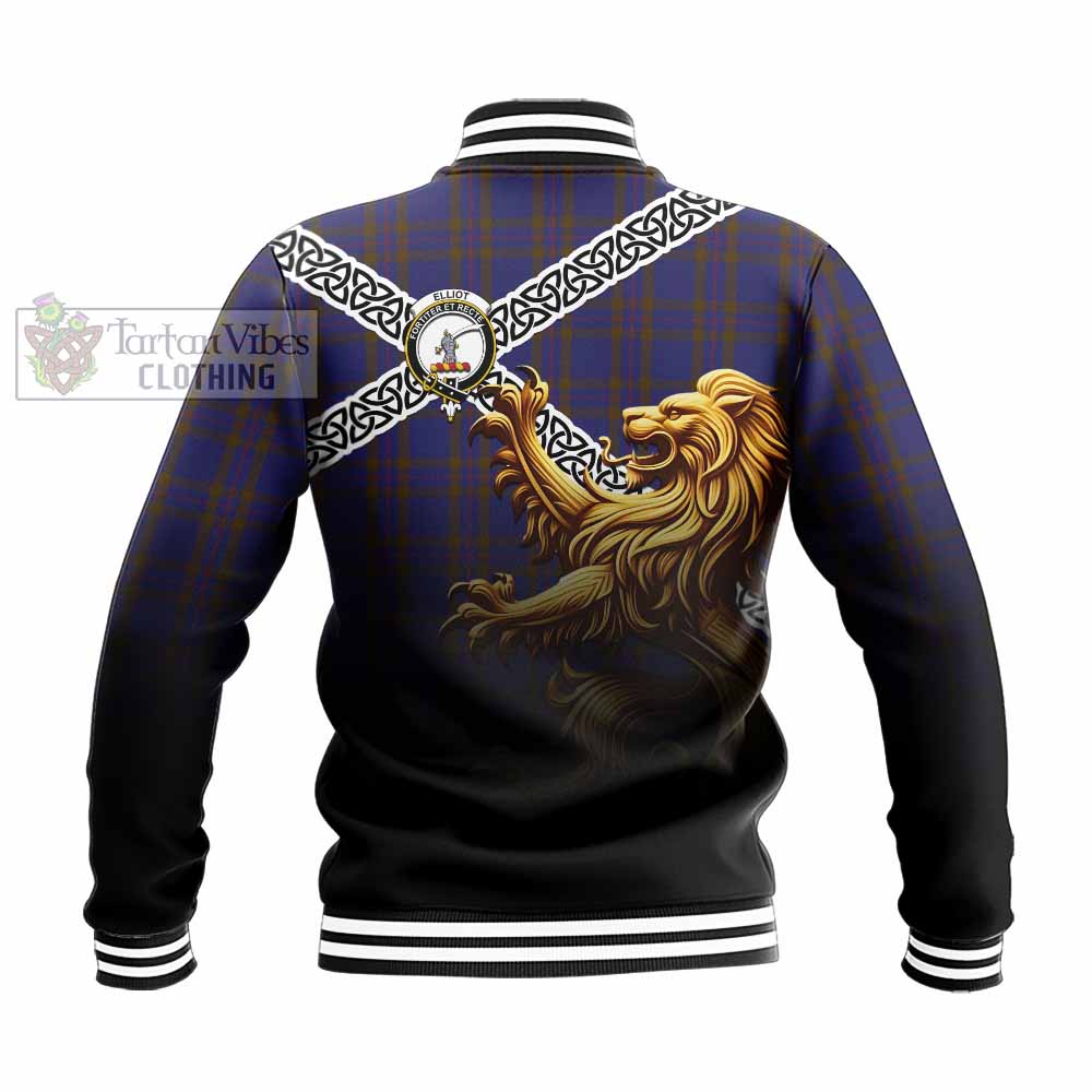 Tartan Vibes Clothing Elliot Crest Tartan Baseball Jacket with Golden Lion Emblem Celtic Style