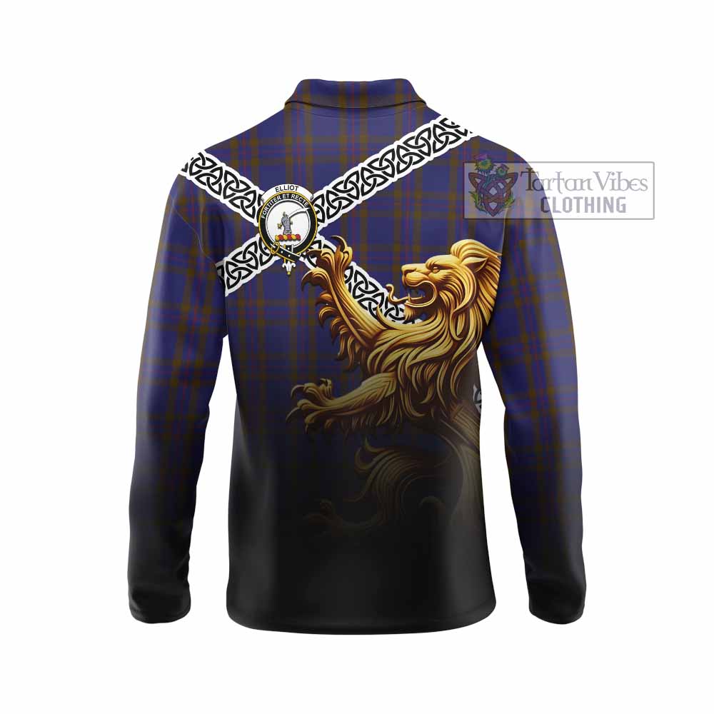 Tartan Vibes Clothing Elliot Crest Tartan Long Sleeve Polo Shirt with Golden Lion Emblem Celtic Style