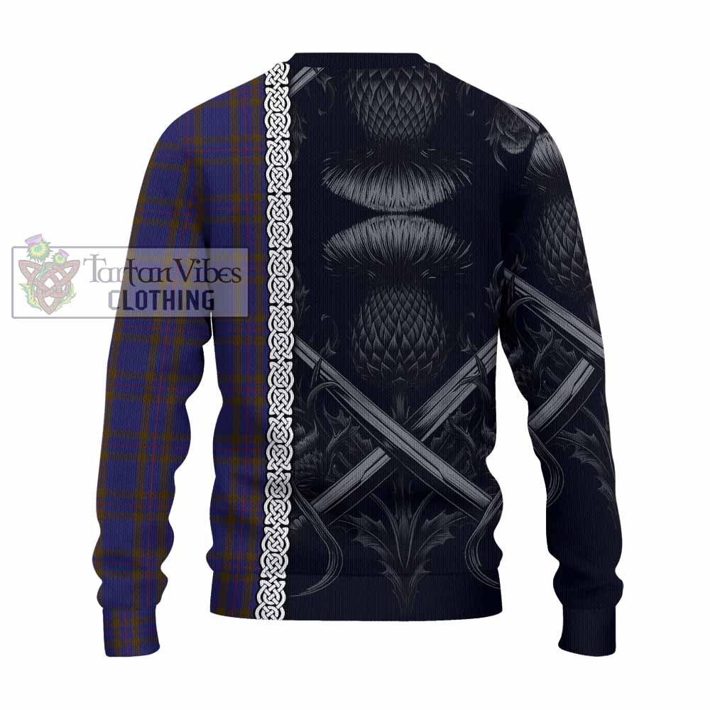 Tartan Vibes Clothing Elliot Tartan Knitted Sweater with Family Crest Cross Sword Thistle Celtic Vibes