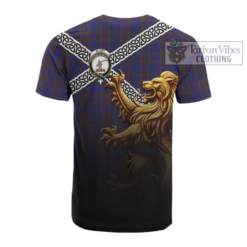 Tartan Vibes Clothing Elliot Crest Tartan Cotton T-shirt with Golden Lion Emblem Celtic Style