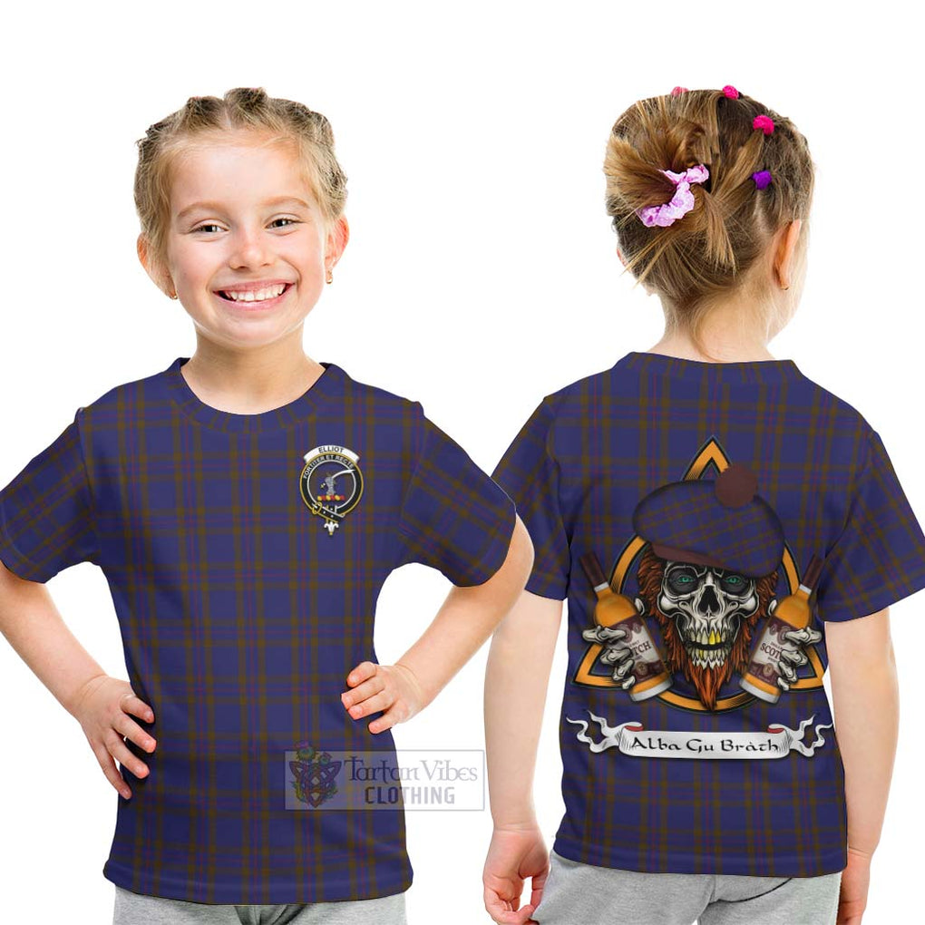 Tartan Vibes Clothing Elliot Tartan Kid T-Shirt with Family Crest and Bearded Skull Holding Bottles of Whiskey