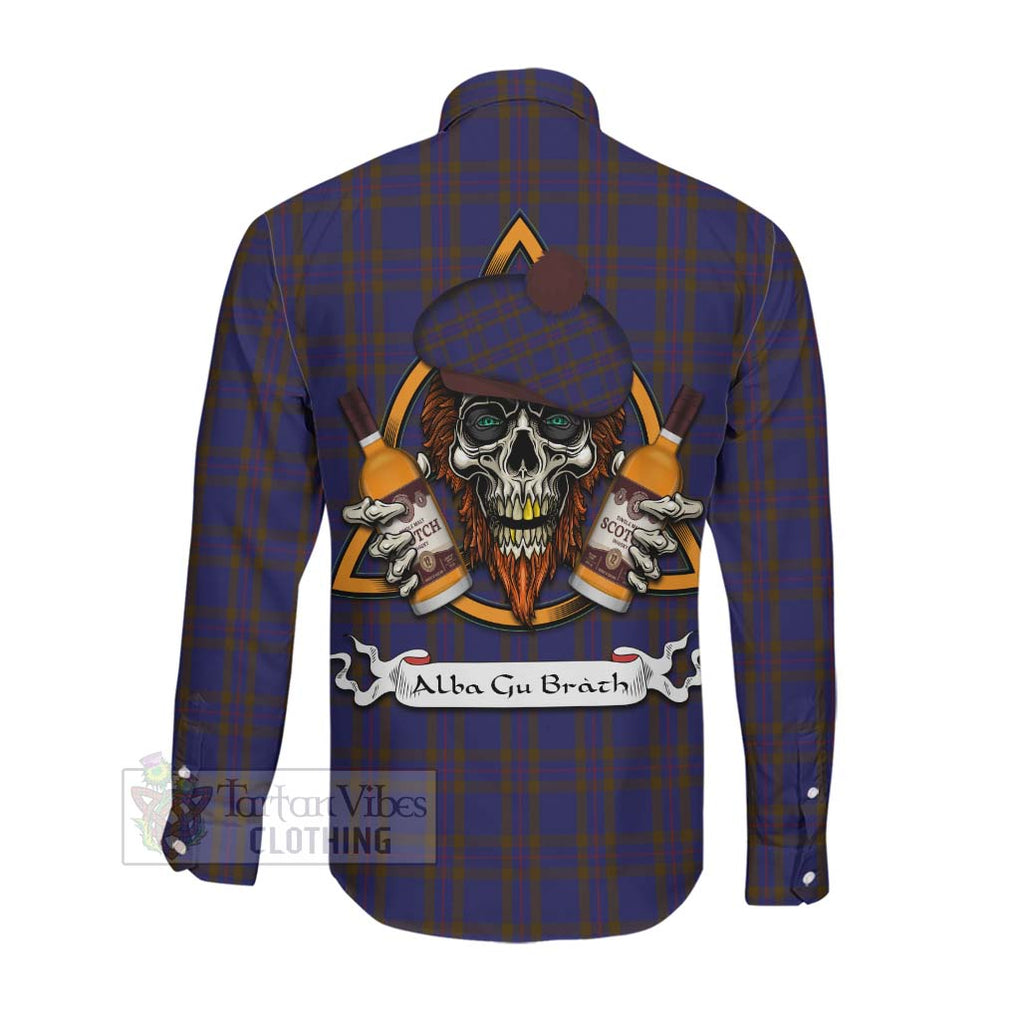 Tartan Vibes Clothing Elliot Tartan Long Sleeve Button Shirt with Family Crest and Bearded Skull Holding Bottles of Whiskey