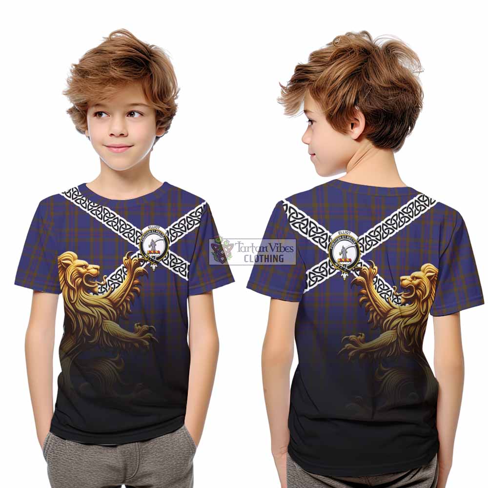 Tartan Vibes Clothing Elliot Crest Tartan Kid T-Shirt with Golden Lion Emblem Celtic Style