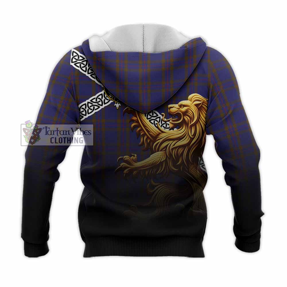 Tartan Vibes Clothing Elliot Crest Tartan Knitted Hoodie with Golden Lion Emblem Celtic Style