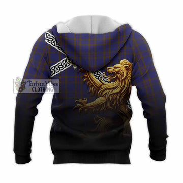 Elliot Crest Tartan Knitted Hoodie with Golden Lion Emblem Celtic Style