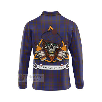Tartan Vibes Clothing Elliot Tartan Long Sleeve Polo Shirt with Family Crest and Bearded Skull Holding Bottles of Whiskey