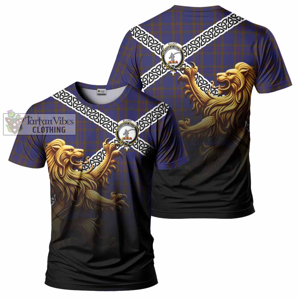 Tartan Vibes Clothing Elliot Crest Tartan T-Shirt with Golden Lion Emblem Celtic Style