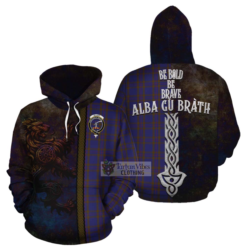 Tartan Vibes Clothing Elliot Tartan Family Crest Cotton Hoodie Alba Gu Brath Be Brave Lion Ancient Style