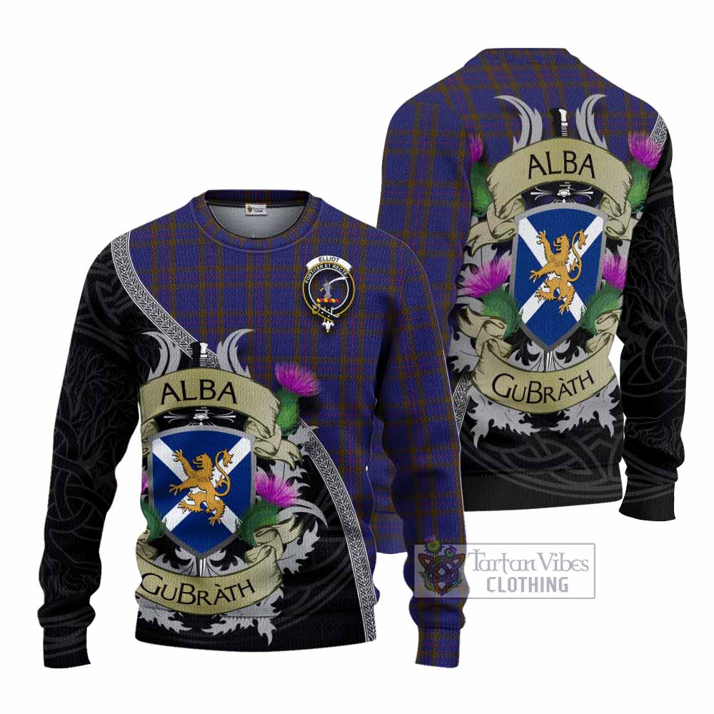 Tartan Vibes Clothing Elliot Tartan Family Crest Knitted Sweater Lion Rampant Royal Thistle Shield Celtic Inspired