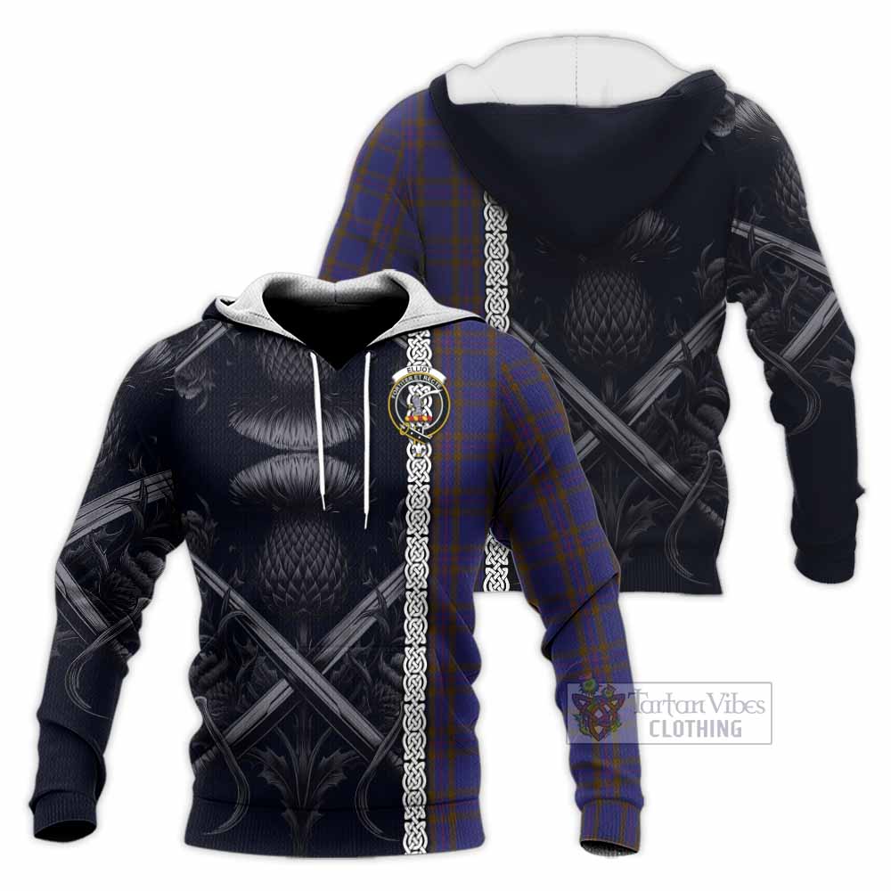 Tartan Vibes Clothing Elliot Tartan Knitted Hoodie with Family Crest Cross Sword Thistle Celtic Vibes