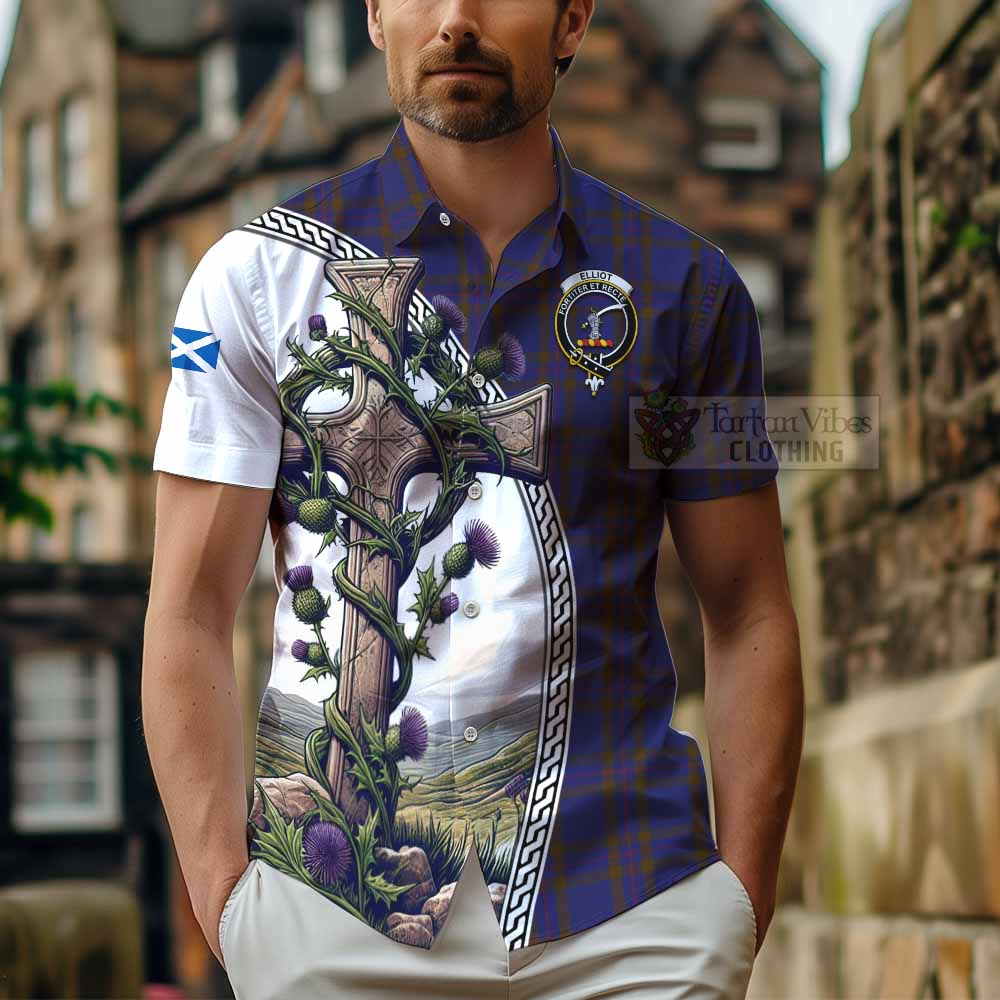 Tartan Vibes Clothing Elliot Tartan Short Sleeve Button Shirt with Family Crest and St. Andrew's Cross Accented by Thistle Vines