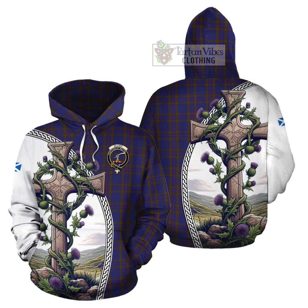 Tartan Vibes Clothing Elliot Tartan Cotton Hoodie with Family Crest and St. Andrew's Cross Accented by Thistle Vines