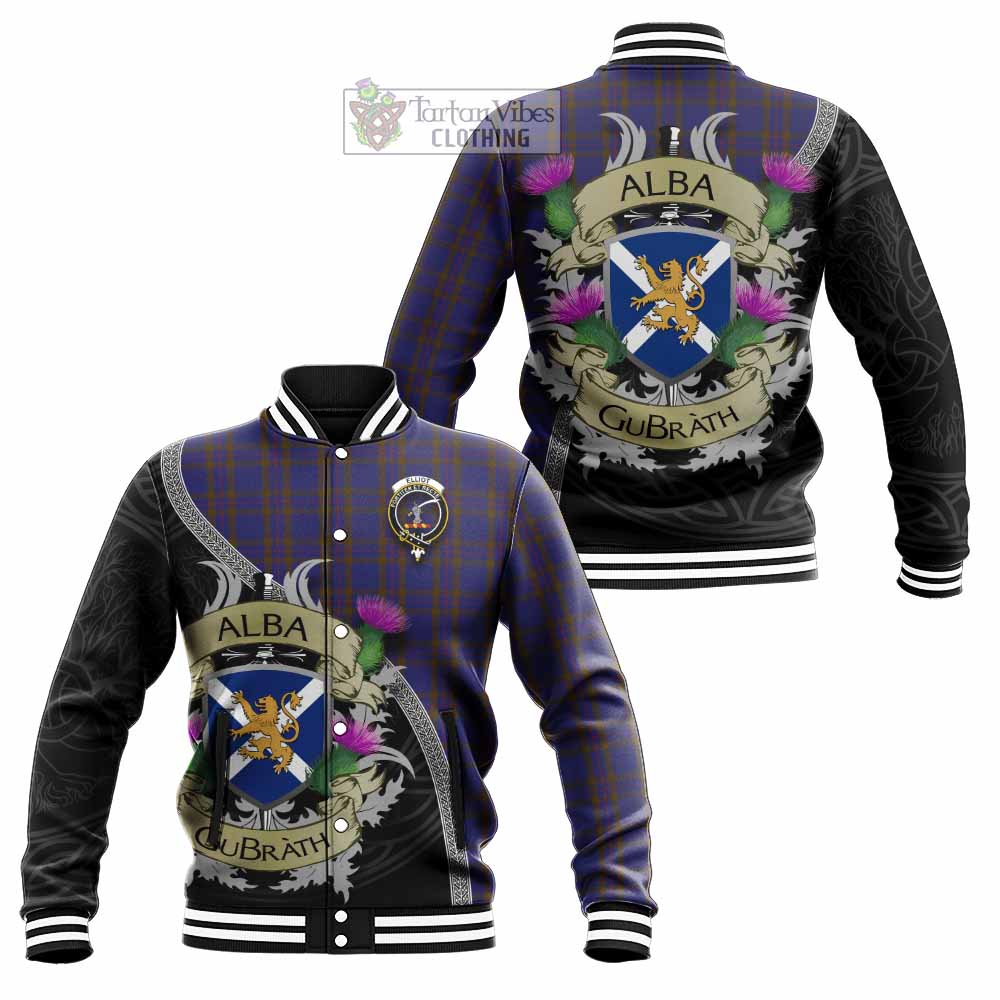 Tartan Vibes Clothing Elliot Tartan Family Crest Baseball Jacket Lion Rampant Royal Thistle Shield Celtic Inspired
