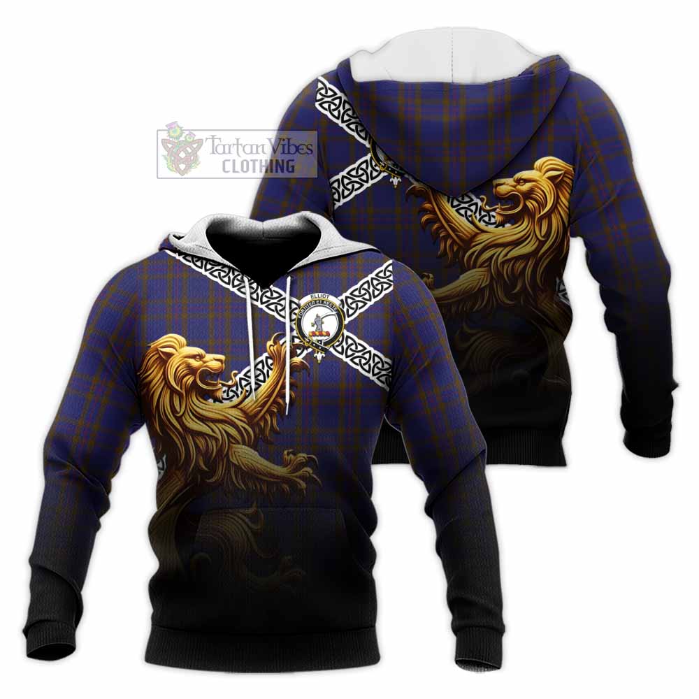 Tartan Vibes Clothing Elliot Crest Tartan Knitted Hoodie with Golden Lion Emblem Celtic Style