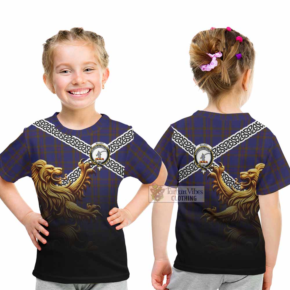 Tartan Vibes Clothing Elliot Crest Tartan Kid T-Shirt with Golden Lion Emblem Celtic Style