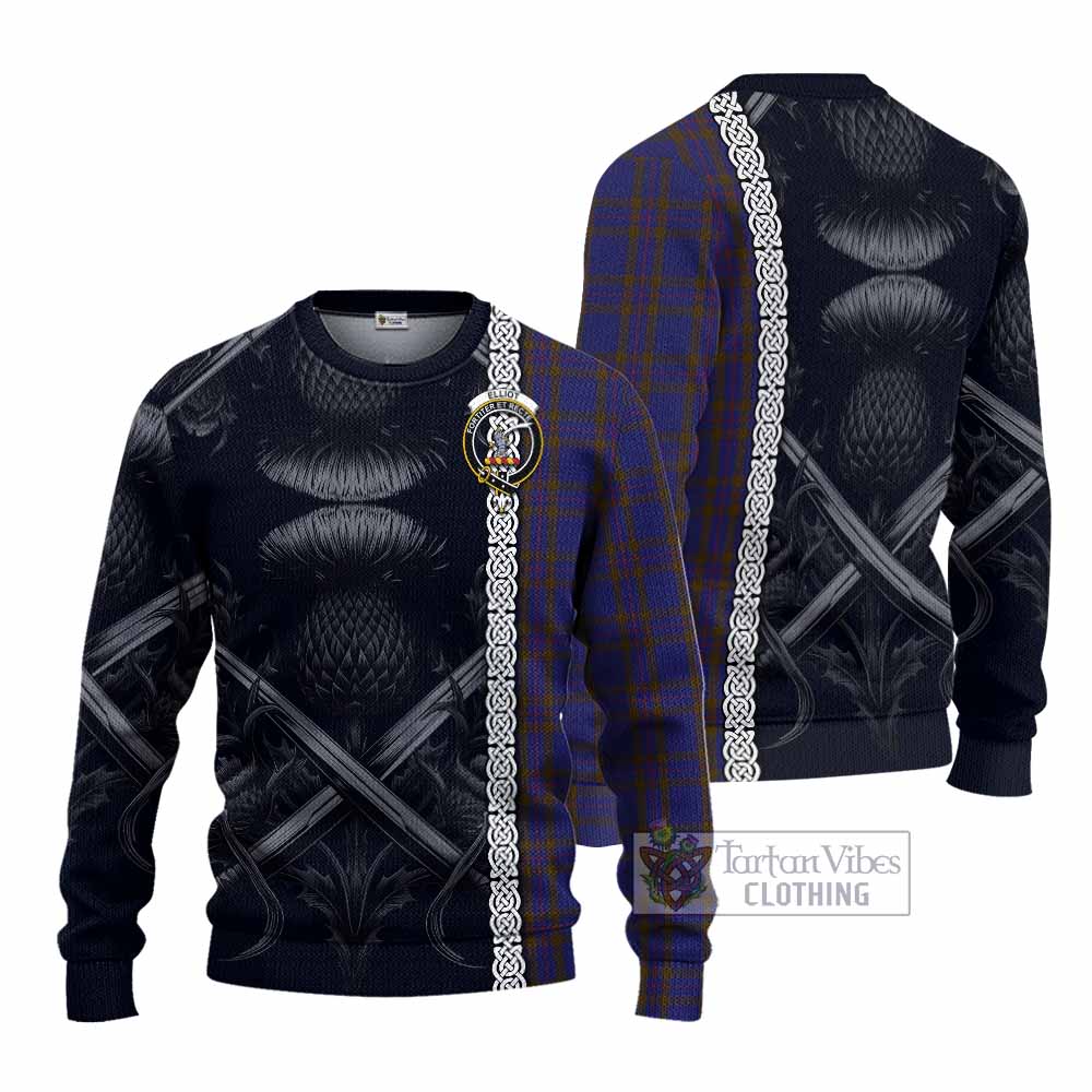 Tartan Vibes Clothing Elliot Tartan Knitted Sweater with Family Crest Cross Sword Thistle Celtic Vibes