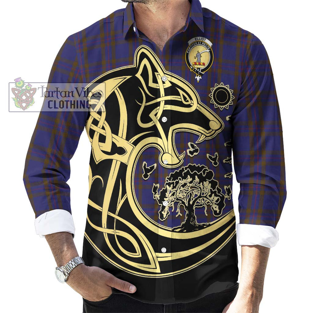 Elliot Tartan Long Sleeve Button Shirt with Family Crest Celtic Wolf Style - Tartan Vibes Clothing