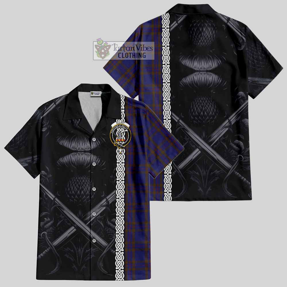 Tartan Vibes Clothing Elliot Tartan Short Sleeve Button Shirt with Family Crest Cross Sword Thistle Celtic Vibes