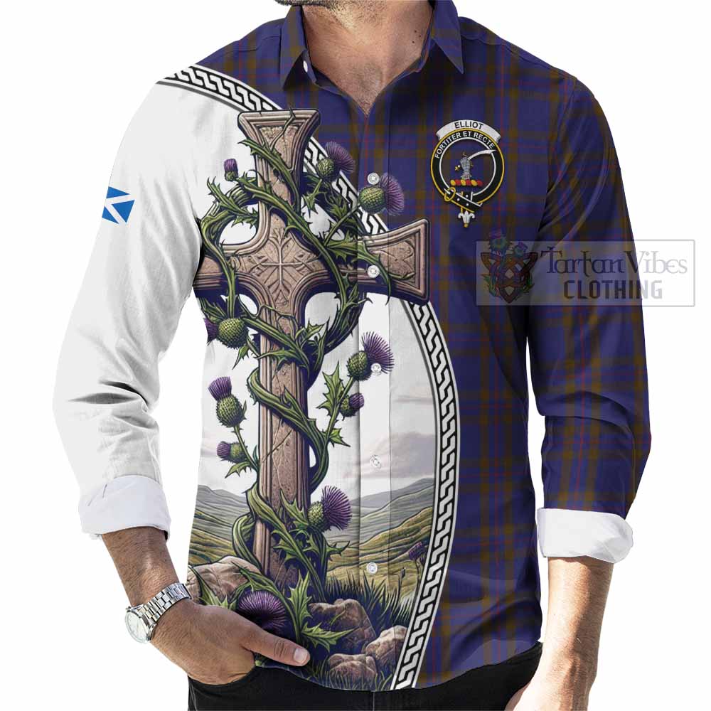Tartan Vibes Clothing Elliot Tartan Long Sleeve Button Shirt with Family Crest and St. Andrew's Cross Accented by Thistle Vines